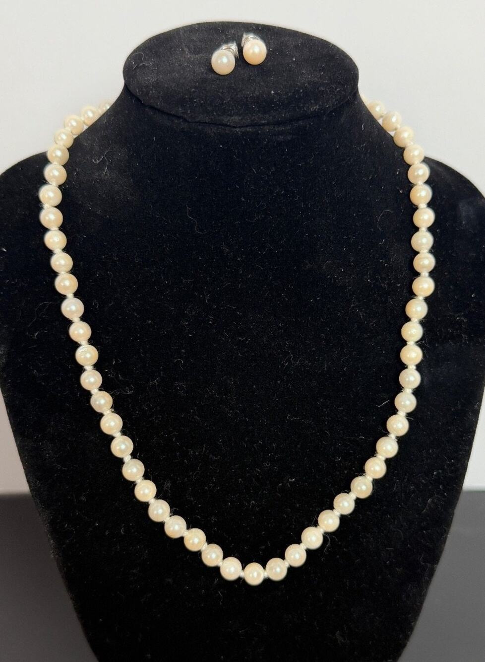 Vintage faux Pearl Necklace & Stud Earrings Sterling Clasp 16” Hand Knotted